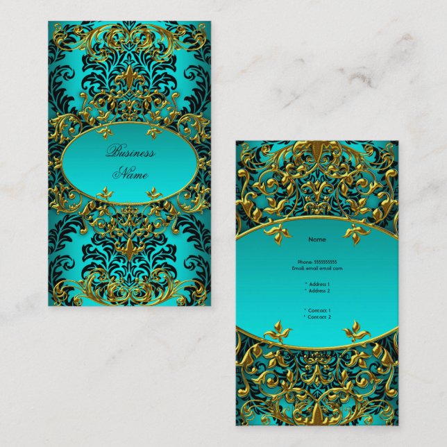 Carte De Visite Élégant Classy Turquoise Blue Gold Damask Floral (Devant / Derrière)