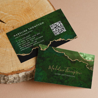 Carte De Visite Élégant code QR Emerald Green Marble Agate Geode
