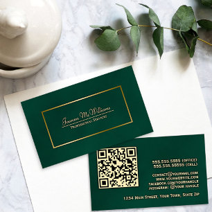 Carte De Visite Élégant Code QR Professionnel Vert Émeraude & Or
