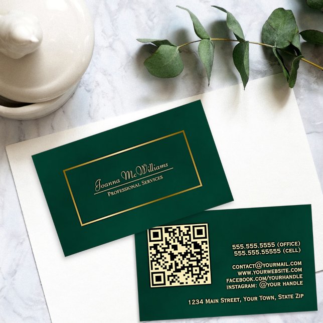 Carte De Visite Élégant Code QR Professionnel Vert Émeraude & Or (Front and Back)