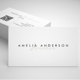 Carte De Visite Élégant code QR simple Sage Green Script