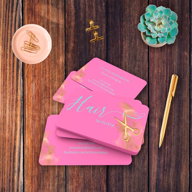 Carte De Visite Elégant coiffeur ciseaux or bleu rose chaud (Créateur téléchargé)