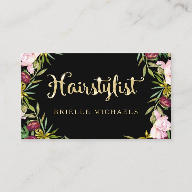 Carte De Visite Elégant coiffeur floral noir et FAUX Gold (Devant)
