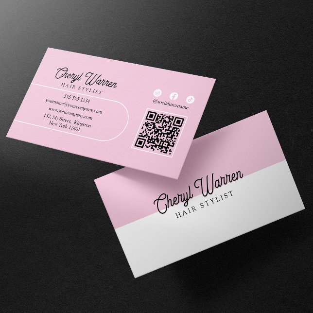 Carte De Visite Élégant coiffeur Script rose minimal QR Code (Créateur téléchargé)