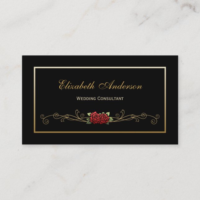 Carte De Visite Élégant consultant Mariage noir et or Red Rose (Devant)