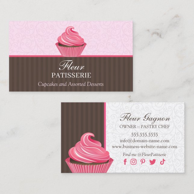 Carte De Visite Élégant Cupcake Rose Boulangerie Design (Devant / Derrière)