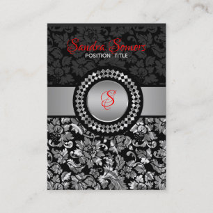 Carte De Visite Élégant Damas Florales Gris Noir Et Argent
