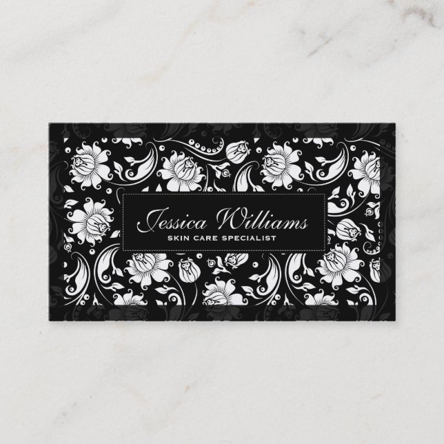 Carte De Visite Élégant Damas Florales Noir Et Blanc (Devant)