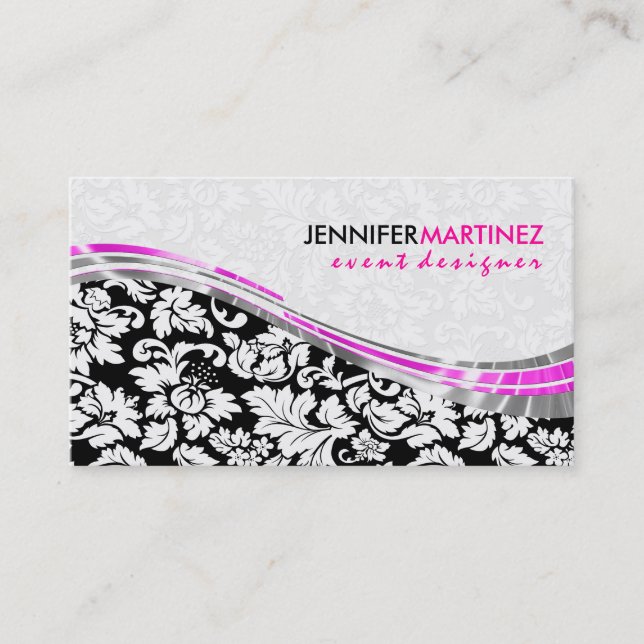 Carte De Visite Élégant Damas Noir & Blanc Avec Accents Rose (Devant)