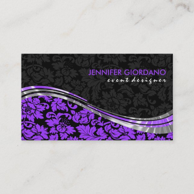 Carte De Visite Élégant Damas Noir & Violet Avec Accents Argent (Devant)