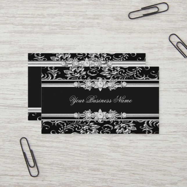 Carte De Visite Elegant Damask Argent Black Jewel Look Image (Devant/Arrière en situation)