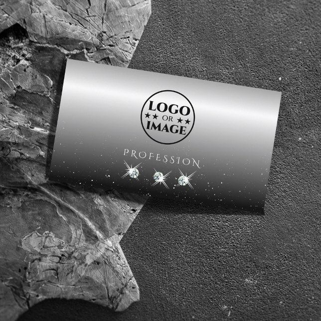 Carte De Visite Élégant diamants argenté noir brillant avec logo (Créateur téléchargé)