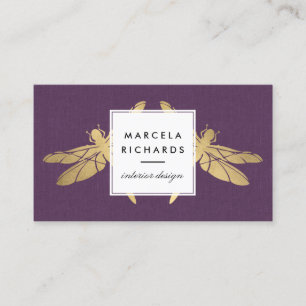 Carte De Visite Elégant Duo de libellules d'or Faux sur lin mauve