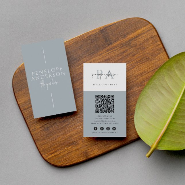 Carte De Visite Elégant Dusty Blue Neutral QR Code Boho Moderne (Créateur téléchargé)