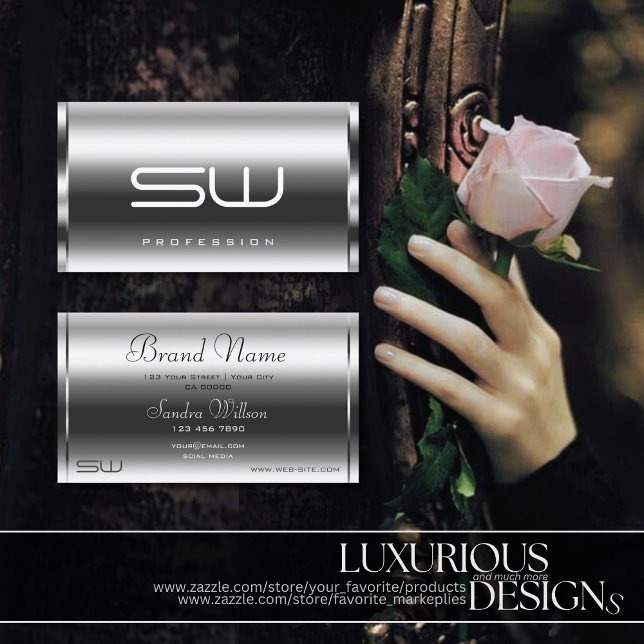 Carte De Visite Elégant effet argent moderne Monogramme profession (Créateur téléchargé)