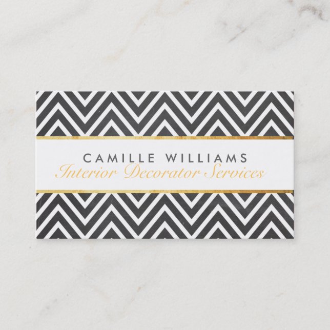 Carte De Visite ELEGANT élégant bande d'or chevron chalkboard gris (Devant)