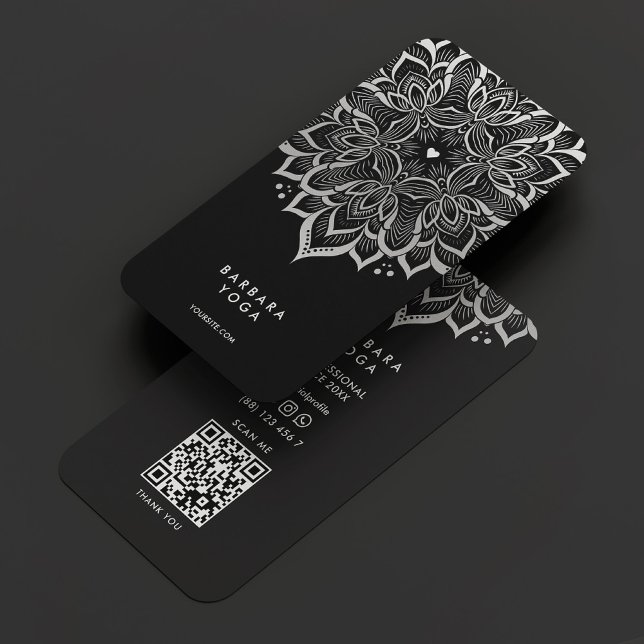 Carte De Visite Élégant entraîneur spirituel Mandala Black Silver  (Elegant Spiritual Coach Mandala Black Silver Lotus Business Card
)