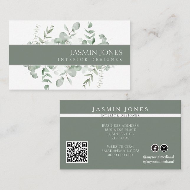 Carte De Visite Elegant Eucalyptus Greenery Interior Designer (Devant / Derrière)