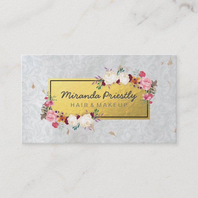 Carte De Visite Elégant Faux Gold Foil Damask Floral Maquillage Ar (Devant)