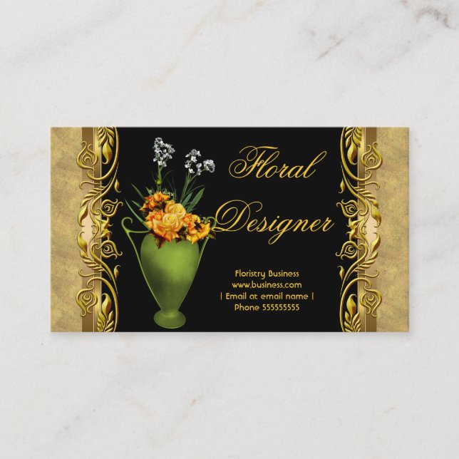 Carte De Visite Élégant fleuriste en or noir rose jaune (Devant)