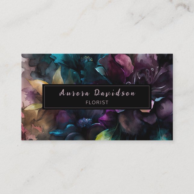 Carte De Visite Élégant floral foncé sur noir (Devant)