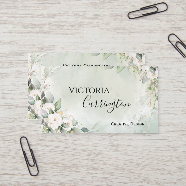 Carte De Visite Élégant Floral Gold Green Script Professionnel (Devant/Arrière en situation)
