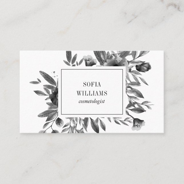 Carte De Visite Elégant floral noir blanc aquarelle chic moderne (Devant)