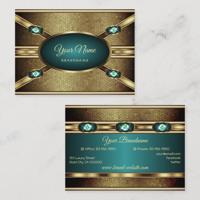 Carte De Visite Elégant Gold Effects Turquoise avec Faux Rhineston (Devant / Derrière)