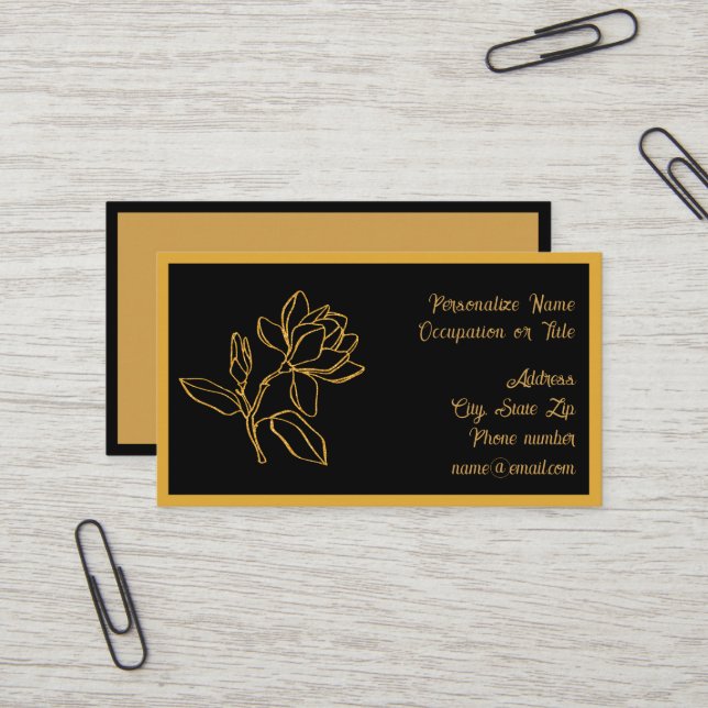 Carte De Visite Elegant Gold Magnolia Flower Black BG Chic (Devant/Arrière en situation)