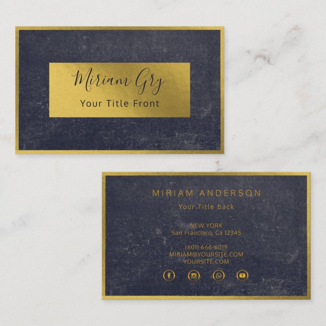 Carte De Visite Élégant Golden Foil & Dark Black Name Script  (Devant / Derrière)