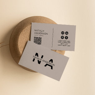 Carte De Visite Élégant gris Neutre QR Code moderne Monogramme Log
