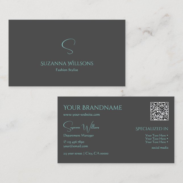 Carte De Visite Élégant gris Turquoise avec Monogramme et QR-Code (Devant / Derrière)