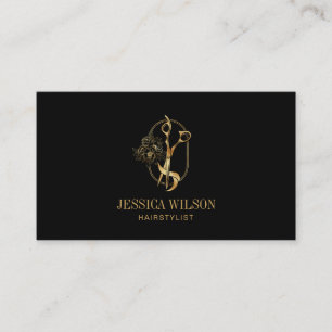 Carte De Visite Elégant Hairstyliste Or Ciseaux Floral QR Code