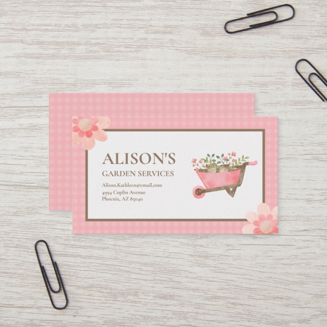 Carte De Visite Elégant Jardin rose En vichy aquarelle (Devant/Arrière en situation)