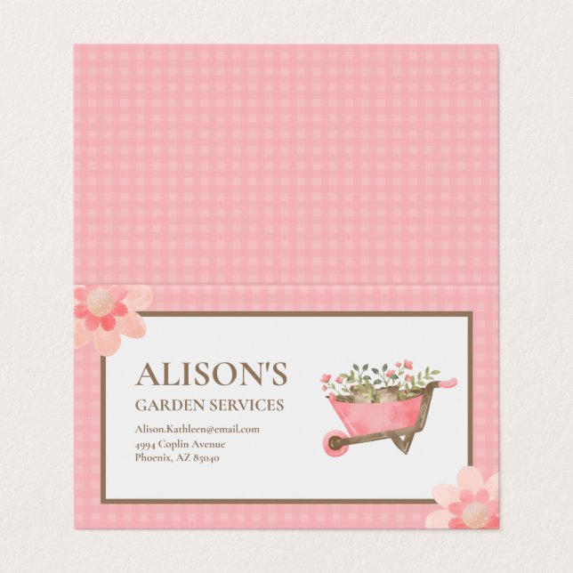 Carte De Visite Elégant Jardin rose En vichy aquarelle (Extérieur déplié)