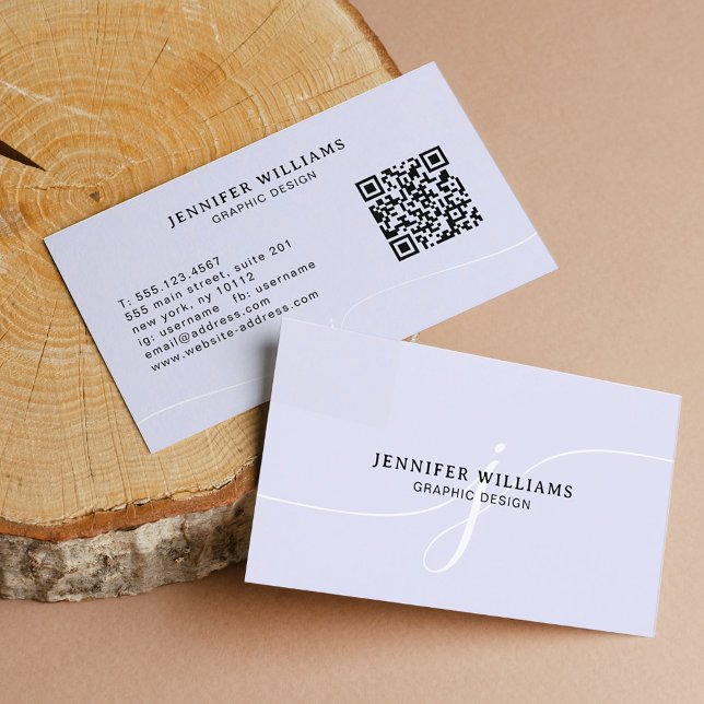 Carte De Visite Élégant Lavande Lavande Script Monogramme QR Code (Créateur téléchargé)