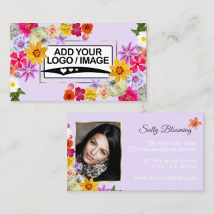 Carte De Visite Élégant Lilac Fleur sauvage avec logo et photo