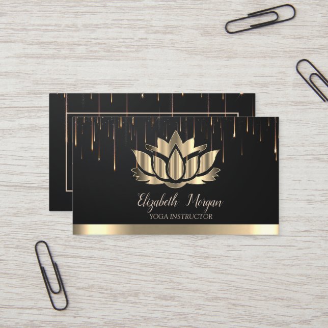 Carte De Visite Elégant Lotus Gold Stripe Drips Yoga (Devant/Arrière en situation)