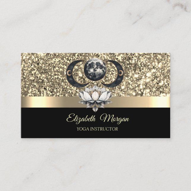 Carte De Visite Élégant Lotus Lune Céleste Paillettes Or Yoga  (Devant)