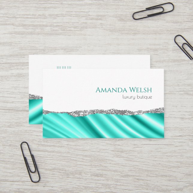 Carte De Visite Elégant luxe blanc argent turquoise parties scinti (Devant/Arrière en situation)