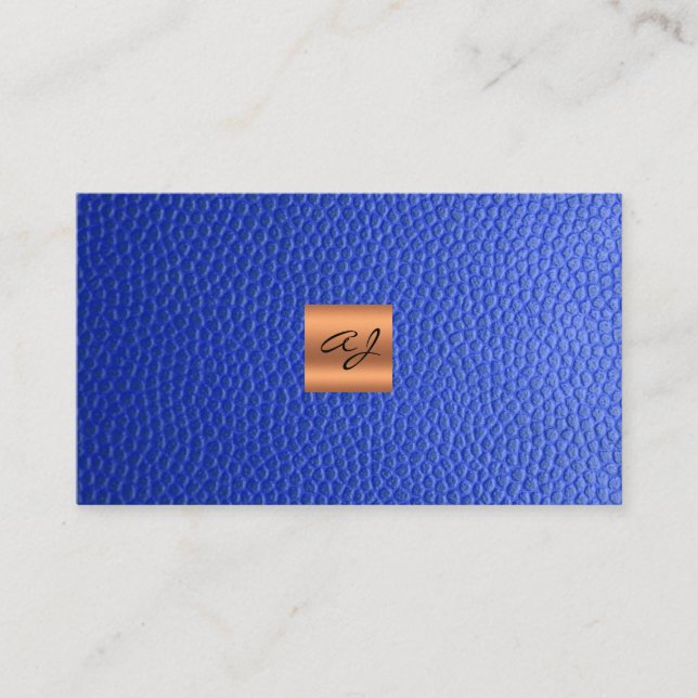 Carte De Visite Élégant luxe en cuir bleu cuivre or monogramme (Devant)