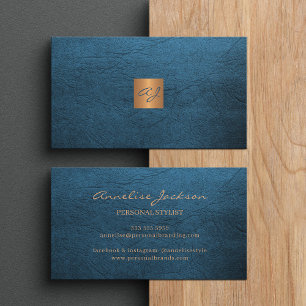 Carte De Visite Élégant luxe en cuir bleu cuivre or monogramme
