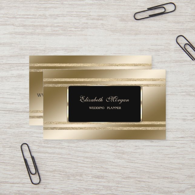 Carte De Visite Elégant Luxe, Noir, Faux Gold Glittery (Devant/Arrière en situation)