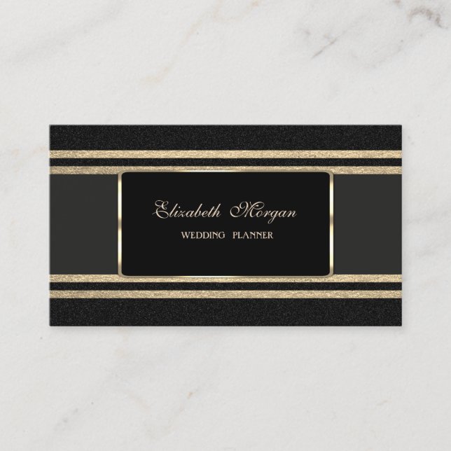Carte De Visite Elégant Luxe, Noir, Faux Gold Glittery Stripes (Devant)