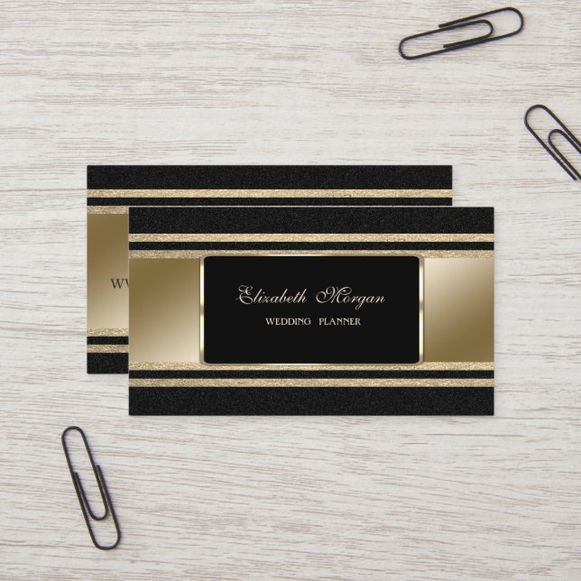 Carte De Visite Elégant Luxe, Noir, Faux Gold Glittery Stripes (Devant/Arrière en situation)