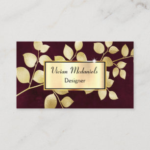 Carte De Visite Elégant Luxe Or & Feuilles Bourgogne