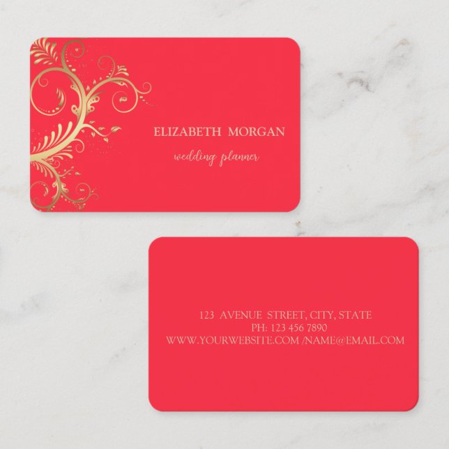 Carte De Visite Elégant Luxe Or Tourbillons Rouge (Devant / Derrière)