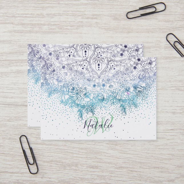 Carte De Visite Elégant mandala floral et confetti image (Devant/Arrière en situation)