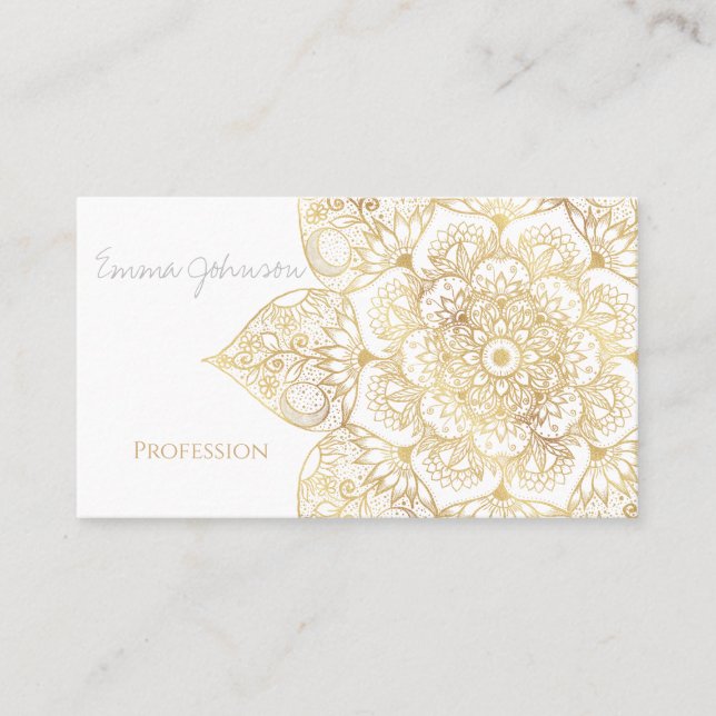 Carte De Visite Élégant Mandala Floral Or Blanc (Devant)