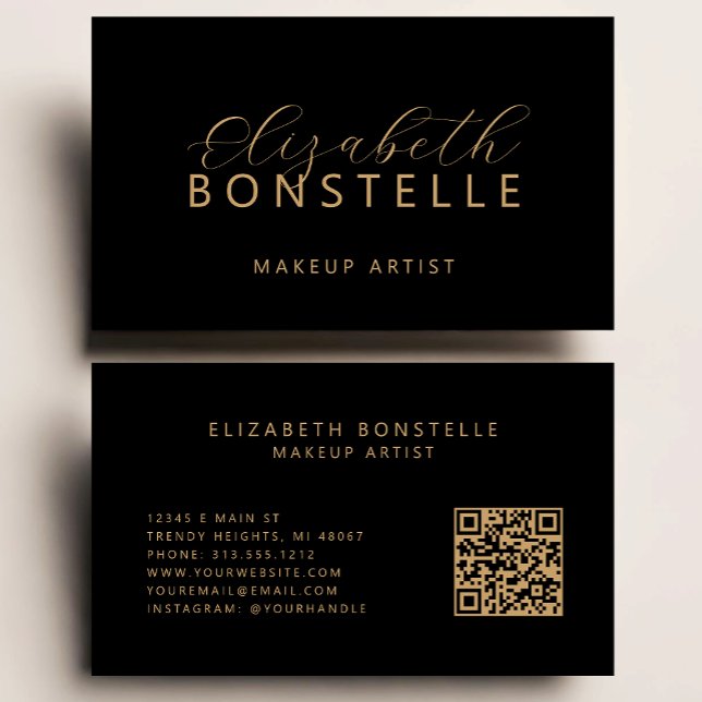 Carte De Visite Elégant maquillage Artiste QR Code Black Gold (Créateur téléchargé)